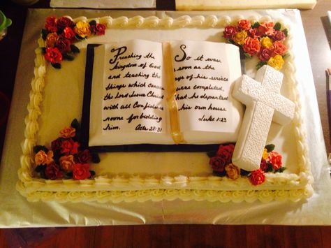 Pastor retirement cake Pastor Retirement, Goodbye Cake, Barney Cake, Christian Cakes, Pastor Appreciation Day, Bible Cake, Pastor Anniversary, Retirement Cake, 70th Birthday Cake