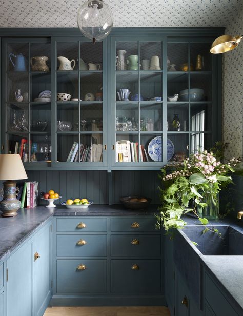 Frederic Magazine, Cape Kitchen, Grey Blue Kitchen, Soapstone Counters, Shiplap Backsplash, Grey Kitchen Designs, Blue Kitchen Cabinets, Minnesota Home, Blue Cabinets