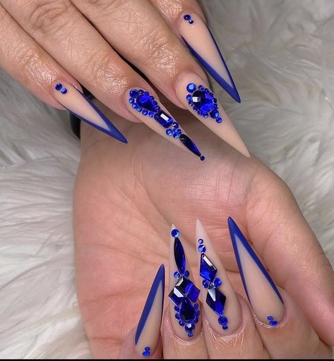 Blue Stilletos Nails, Blue Bling Nails Rhinestones, Baby Blue Stiletto Nails, Blue Nails Bling, Royal Blue Stiletto Nails, Blue Nails Stiletto, Blue Stiletto Nails Design, Blue Rhinestone Nails, Baddie Stiletto Nails