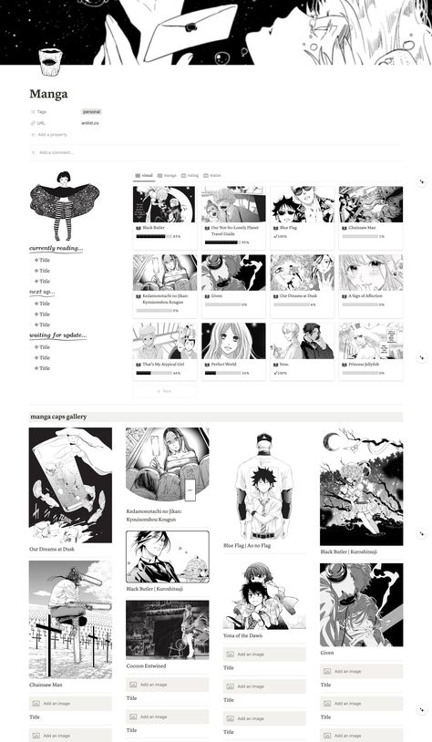 Manga Notion Template Includes: - Aesthetic Dashboard (To-Do List, Spotify Playlist, Widgets, Calendar, Navigation) - Personal Space (Goal Tracker) - Inspo Board (Image Gallery) - Media Libraries (Anime, Manga, Fanfiction) - Journal - Academics (Courses, To-Do List, Notes) - Habit Tracker - Calendar for Upcoming Events & Important Dates - Free Space Manga Tracker Notion, Academic Calendar Design, Manga Tracker, Widgets Calendar, Notion Widget, Aesthetic Dashboard, Notion Calendar, Notion Inspo, Notion Templates