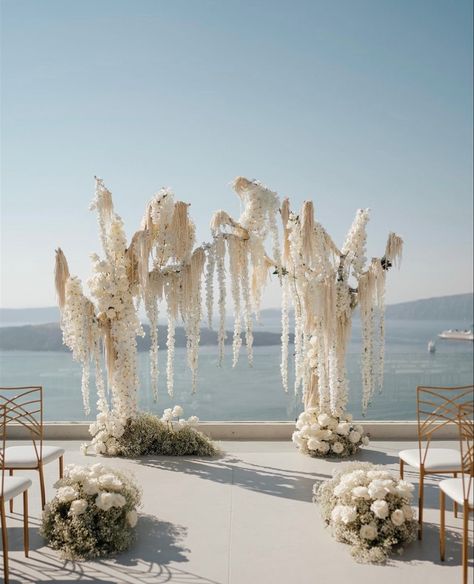 Wedding Tree Backdrop, Hanging Amaranthus Wedding Arch, Amaranthus Wedding Arch, Ethereal Wedding Color Palette, White Wedding Altar, Fairytale Wedding Ceremony, Wedding Installations, Marina Wedding, Floral Arch Wedding