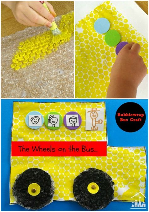 Do you like to craft with BUBBLE WRAP? It is our favourite JUNK material to re-use in our arts and crafts.Have a go at our Wheels on the Bus inspired bubble wrap bus craft, with wheels that really do go round and round. Bus Crafts For Kids, Back To School Craft Ideas, Transport Craft, Bus Craft, Bus Clipart, School Bus Crafts, Nursery Rhyme Crafts, Bus Crafts, Jelly Tots