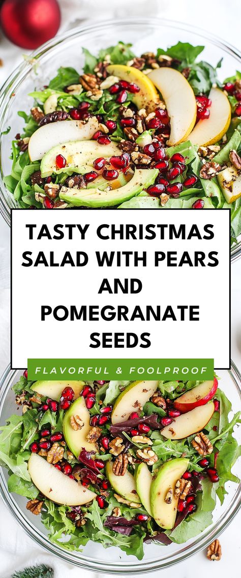 Image for Tasty Christmas Salad with Pears and Pomegranate Seeds Healthy Veg Side Dishes, Salad With Pomegranate Seeds Holidays, Christmas Salad With Pears, Xmas Vegetable Dishes, Easy Holiday Salads Christmas, Christmas Day Salad Ideas, Hearty Winter Salads, Low Fat Christmas Recipes, Winter Spinach Salad Recipes