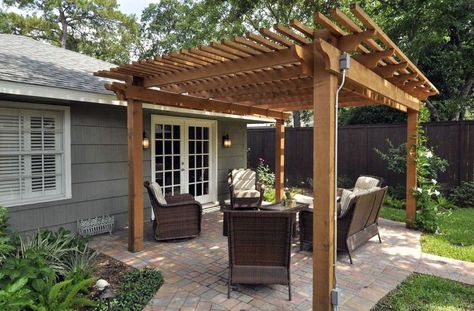 Wood pergola kit on small paver patio Small Paver Patio, Wood Pergola Kits, Pergola Metal, Small Pergola, Cheap Pergola, Patio Pergola, Building A Pergola, Pergola Lighting, Modern Pergola