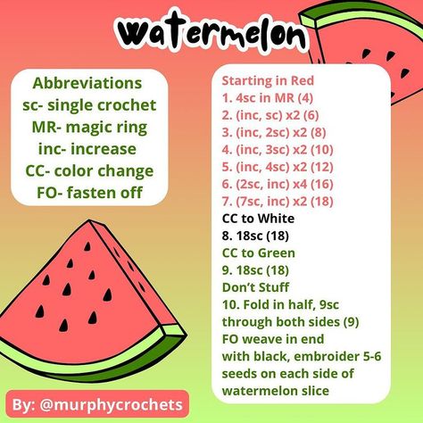 Addison Murphy | 💚Free Pattern: Watermelon🍉 To celebrate #amigurumay I posted one free pattern every Tuesday throughout May! This is week 5/5! I am super… | Instagram Watermelon Slice Crochet Pattern, Crochet Watermelon Slice Free Pattern, Free Crochet Patterns Written, Crochet Watermelon Slice, Watermelon Crochet Patterns, Things To Crochet In 10 Minutes, Written Crochet Patterns Free, Watermelon Crochet, Chunky Yarn Crochet Pattern