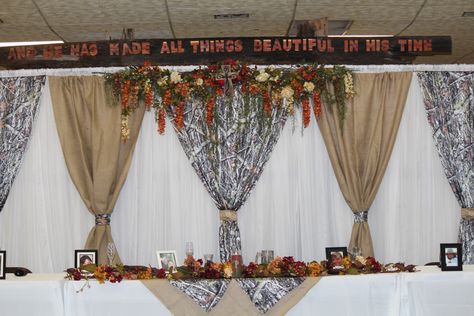 Camo and Burlap Wedding Backdrop Wedding Arch Ideas, Arch Ideas, Country Theme Wedding, Camo Wedding, Burlap Wedding, June Wedding, Center Pieces, June 22, Wedding Arch