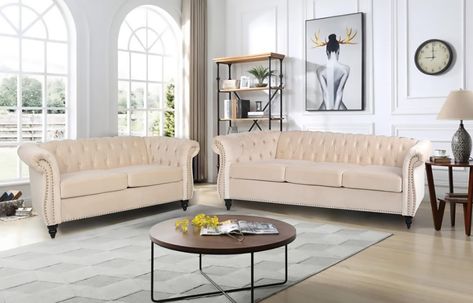 PRICES MAY VARY. Living Room Furniture Sofa Sets: 2 pcs of living room furniture sofa set includes loveseat (67"Wx32"Dx27"H), chesterfield sofa (84"Wx32"Dx27"H), which perfect for filling living rooms and seating guests with ample space Chesterfield Style: Chesterfield sofa is designed with the traditional chesterfield style in mind, this piece hits all the key elements, with deep button tufting, nailhead accents, scrolled arms, and turned legs, adding a great luxury in your home, provides treme Sofa Cushions Arrangement, Chesterfield Loveseat, Velvet Sofa Set, Velvet Chesterfield, Sofa Chesterfield, Velvet Chesterfield Sofa, Sofa Makeover, Unique Sofas, Furniture Sofa Set