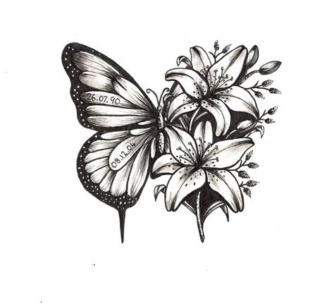 Lilies Tattoo Design, Lilies Tattoo, Ink Butterfly, Butterfly With Flowers, Lily Tattoo, Lily Flower, A Butterfly, Butterfly Tattoo, Tattoo Design