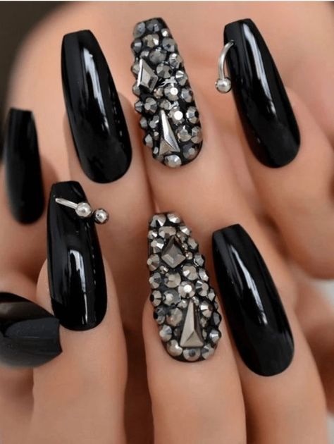 Black Silver Nails, Stone Nail Art, Pink Gel Nails, Black Acrylic Nails, Black Nail Art, Acrylic Nail Kit, Black Nail Designs, Coffin Nails Long, Diamond Nails