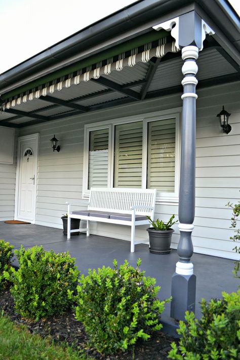 Concrete Verandah, Farmhouse Verandah, Tiled Verandah, Veranda Tiles, Verandah Tiles, Paint Porch, Dulux Tranquil Retreat, Verandah Ideas, House Frontage