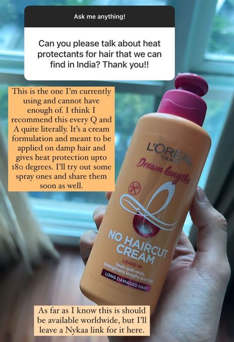 Heat Protectant for Hair Review/Suggestion Loreal Leave In Conditioner, No Haircut Cream, Loreal Elvive Dream Length, Loreal No Haircut Cream, Loreal Dream Lengths, Best Heat Protectant For Hair, Indian Skincare, Hair Care Oils, Loreal Hair