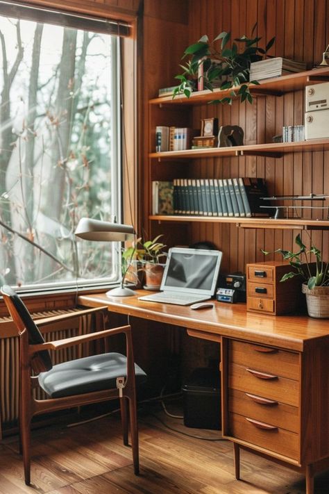 Creating My Ideal Mid-Century Modern Office Design Mid Century Modern Home Library, Mid Century Modern Desk Setup, Dark Academia Mid Century Modern, Mcm Office Ideas, Dark Academia Mid Century, Mcm Home Office, Mid Century Modern Study, Home Office Mid Century, 80s Home Office