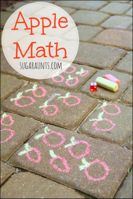 Kindergarten and Preschool students will enjoy this math activity using apples or other objects with chalk.  One to one correspondence, dice math, counting Apple Math Activity, Math Apple Activities, Outdoor Maths, Preschool Apple Theme, Adding Activities, Harvest Theme, Apple Math, Apple Preschool, Fall Lessons