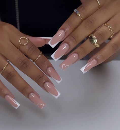 Full Set French Nails Acrylics, Square White Acrylic Nails With Design, Girly Acrylic Nails White, Long Square Acrylic Nails Designs For Summer, French Nails Square Long, Long Basic Nails, White Square French Tip Nails, Medium Long Nails, White Tip Acrylic Nails