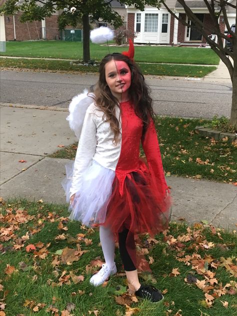 Half Angel Half Devil Costume Diy, Devil Costume Diy, Diy Fancy Dress Costumes, Half Angel Half Devil, Devil Angel, Devil Costume, Costume Diy, Halloween 2024, Halloween 2020