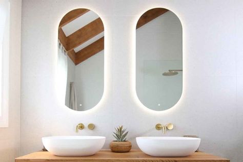 Backlit mirrors: Everything you need to know | Home Beautiful Magazine Australia Luxury Hotel Bathroom, Backlit Bathroom Mirror, Lit Mirror, Halo Glow, Ikea Design, Backlit Mirror, How To Clean Mirrors, Free Mirror, Arched Mirror