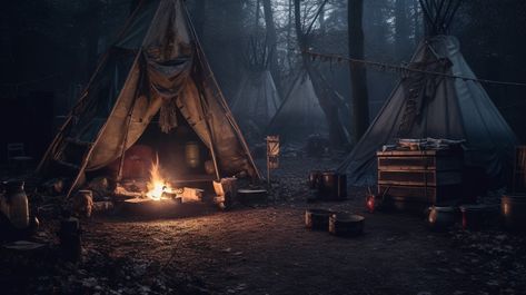 Apocalypse Camp Aesthetic, Medieval Backdrop, Camping Aesthetic Night, Fantasy Tent, Bg3 Characters, Winter Survival, Camp Site, Camping Aesthetic, Anime Body Drawing