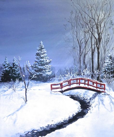 Winter Scenes Wonderland, Winter Scene Paintings, Winter Artwork, Acrylic Paintings On Canvas, Bridge Painting, Winter Landscape Painting, Christmas Paintings On Canvas, Canvas Diy, Paint Brush Art