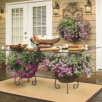 Seating arrangment on patio Trailing Petunias, Garden Transformation, Glass Top Dining Table, Garden Containers, Plants And Flowers, Outdoor Rooms, Petunias, Dream Garden, Garden And Yard