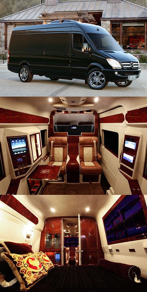 Mercedes Sprinter Van customized to Include a full luxury bedroom suited to any Baller with an interior that looks like Versace's love pad. Mercedes Sprinter Van, Kombi Motorhome, Luxury Van, Mercedes Benz Sprinter, Luxury Bedroom, Benz Sprinter, Sprinter Van, Mercedes Sprinter, Minivan