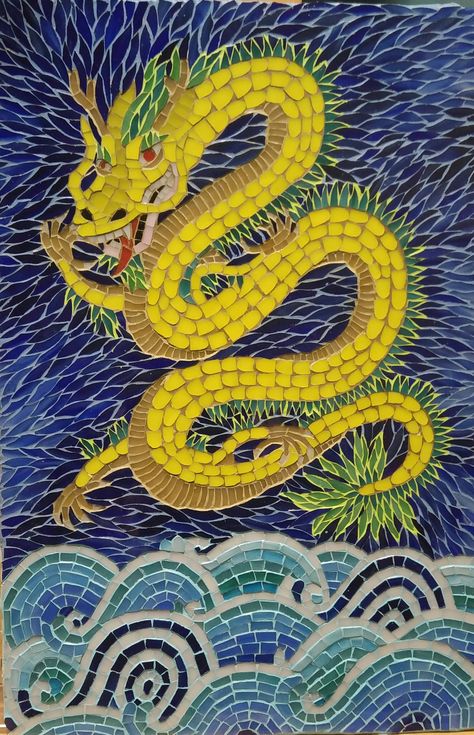 Dragon Mosaic, Yellow Dragon, Mosaic Bathroom, Chinese Dragon, Mosaic Art, Cool Art, Mosaic, Yellow, Animals