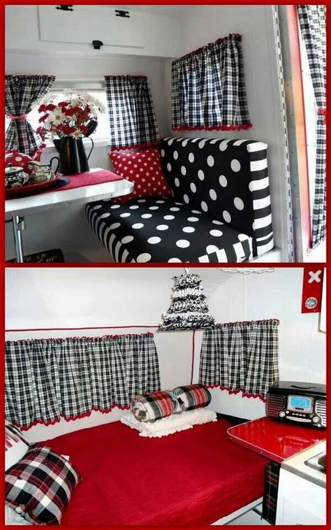 Black and white, red...@kaygarletts...do you see this???  For the kids camper playhouse at the farm... Playhouse Remodel, Vintage Camper Interior, Happy Glamper, Vintage Camper Remodel, Trailer Decor, Trailer Interior, Retro Caravan, Vintage Rv, Vintage Caravans