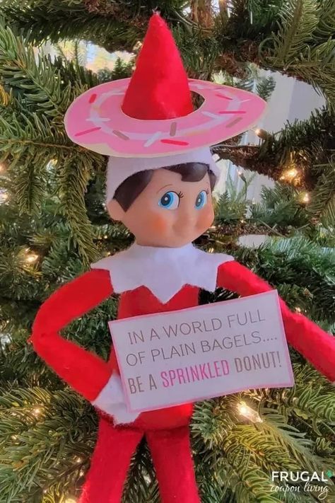 Nerds Rope Elf On The Shelf, Donut Elf On The Shelf Ideas, Elf On The Shelf Donut, Funny Elf On A Shelf, Elf On The Shelf Outfits, Donut Outfit, Elf 2023, Donut Costume, Sprinkled Donut