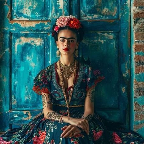 Frida Kahlo artist | ♥️♥️ | Facebook Frida Kahlo Paintings Portraits, Frida Kahlo Art Paintings, Frida Kahlo Photography, Mexican Women Fashion, Dress With Tattoos, Frida Kahlo Fashion, Frida Fashion, Frida Kahlo Flower Crown, Frida Kahlo Dress