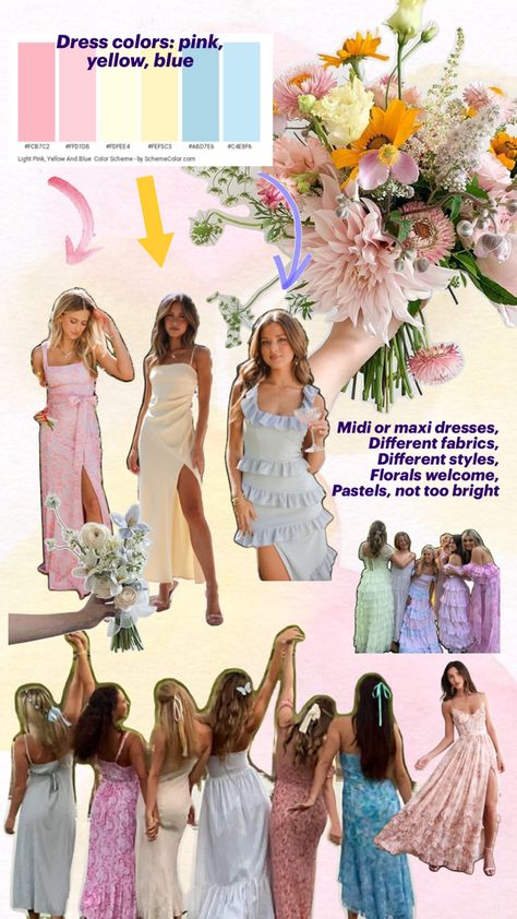 Garden party bridesmaid dresses Bridesmaid Dress Aesthetic, Semi Formal Dresses Modest, Mismatched Bridesmaid Dresses Blue, Fairytale Wedding Theme, Party Dress Codes, Pastel Bridesmaid Dresses, Dress Code Wedding, Yellow Bridesmaid Dresses, Mismatched Bridesmaids