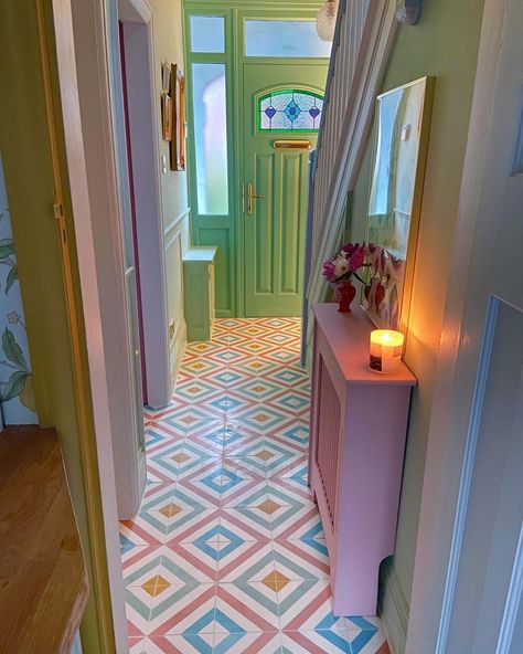 Cement Tile Shop - Another great look at this custom version of our Oxford pattern by @thehousethatcolourbuilt. Their house in the UK is full of inspiring color. We can help you customize any tile pattern that we offer. Give us a call or use our online tile customizer. Colorful Hallway, Dark And Gloomy, Cement Tile Shop, Tiled Hallway, 1930s House, House Color Palettes, Pastel House, Pastel Room, Encaustic Cement Tile