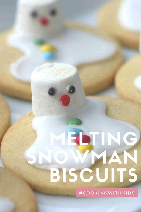 Baking For Kids Easy, Snowman Biscuits, Christmas Baking For Kids, Melting Snowman Cookies, Easy Baking For Kids, Baking With Toddlers, Easy Biscuits, Christmas Baking Easy, Melted Snowman Cookies