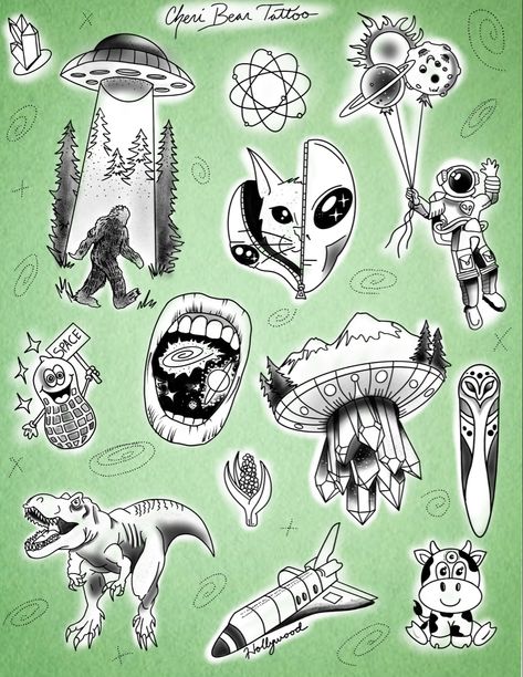 Fun alien flash sheet I drew Alien Flash Tattoo, Flash Ideas, Flash Sheets, Flash Sheet, Flash Tattoos, Bear Tattoo, Flash Tattoo, I Tattoo, Tatting