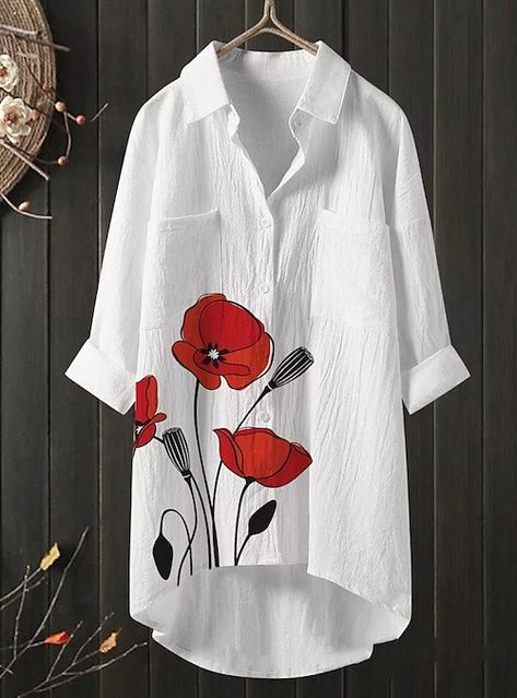 Hemp Shirt, Fabric Painting On Clothes, Dress Painting, Paint Shirts, Painted Clothes, Women Blouse, Loose Outfit, Women Shirts Blouse, Linen Top