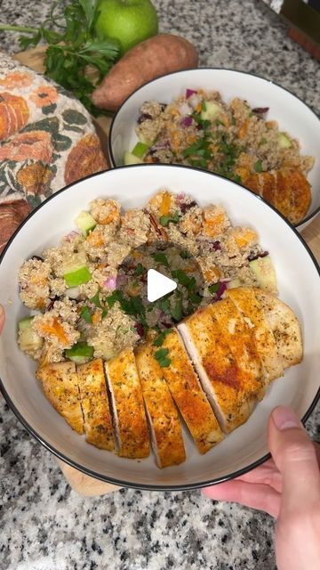 Ally Rolla on Instagram: "Autumn harvest quinoa salad with an apple cider vinaigrette 🍂🍠🍏🍯 paired with some simple baked chicken! The perfect fall inspired dinner when it’s still too warm for soup ✨ 

INGREDIENTS
For the chicken:
- 2 chicken breasts (sliced in half lengthwise)
- olive oil
- garlic salt
- onion powder
- paprika
- italian seasoning

For the quinoa salad:
- 2 sweet potatoes (peeled & diced)
- salt & pepper
- 1/2 red onion (diced)
- 1 green apple (diced)
- 1/2 cup dried cranberries
- 1/2 cup chopped pecans
- 1 cup quinoa (yields approx 3 cups cooked)

For the vinaigrette:
- 1/2 cup olive oil
- 1/4 cup apple cider vinegar
- honey (to desired sweetness)
- 1 to 2 tablespoons spicy brown mustard
- garlic

Instructions:
- preheat oven to 375°
- cook 1 cup quinoa according to pa Fall Inspired Dinner, Harvest Quinoa Salad, Autumn Quinoa, Simple Baked Chicken, Apple Cider Vinaigrette, Cider Vinaigrette, Soup Ingredients, Spicy Brown Mustard, Budget Family Meals