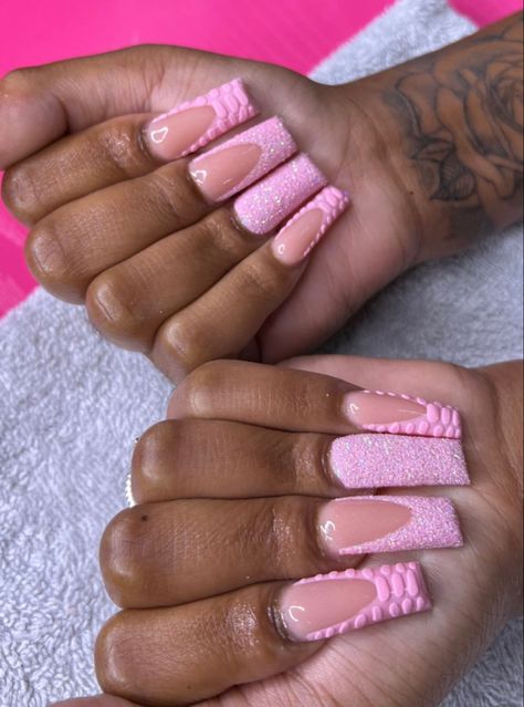 Pink French Tip Nails Acrylics Long With Designs, Pink French Tip Long Acrylic Nails, Pink French Tip With Charms, Sugar French Tip Nails, Sugar Nails Acrylic, Pink Sugar Nails, Pink French Tip Junk Nails, Pink French Tip Nails Charms, Nail Inspired