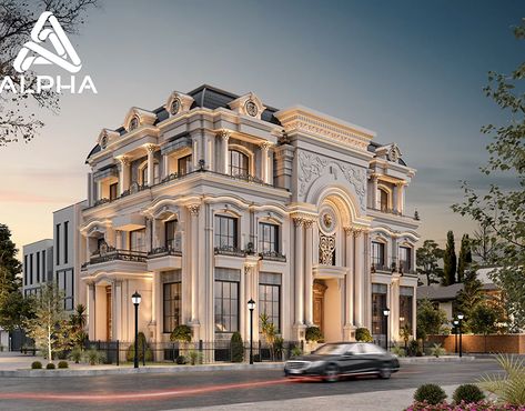 Luxury Mansion Design on Behance Classic Villa Design, Classic Exterior Design, Classical Villa, Villa Exterior Design, Colonial House Exteriors, Classic Facade, Townhouse Exterior, Mansion Designs, Classic House Exterior