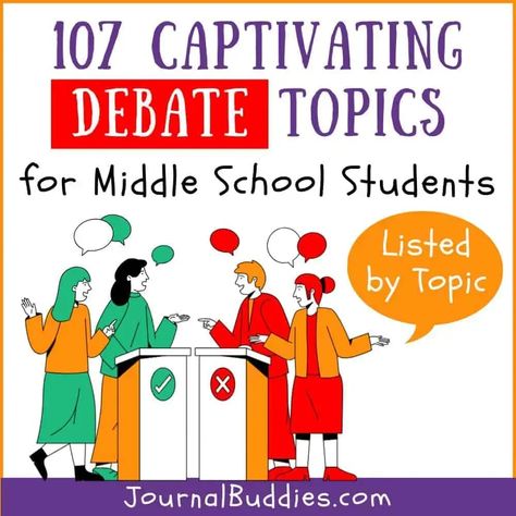 Our debate topics for middle school students are an engaging way to spark critical thinking, foster respectful dialogue, and nurture a passion for learning. #DebateTopicsForMiddleSchool #DebatePrompts #JournalBuddies Debate Topics For Middle School, How To Debate, Teaching Debate Middle School, Debate Topics For Kids, Teaching Debate, High School Debate, Interesting Debate Topics, Middle School Funny, Debate Competition