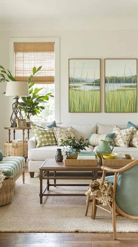 Coastal Living Room Decor Inspiration Coastal Green Living Room, Coastal Living Room Decor Ideas, Green Coastal Living Room, Coastal Mood Board, Beachy Interior Design, Coastal Living Room Decor, Vintage Coastal Decor, Room Decor Inspiration, Connecting With Nature