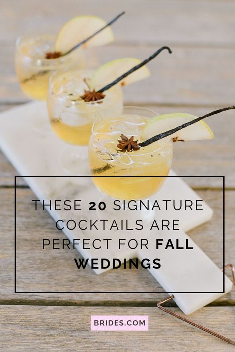 Signature Wedding Drinks Fall, Fall Signature Drinks, Fall Wedding Cocktails, Fall Wedding Drinks, Wedding Food Stations, Signature Cocktails Wedding, Wedding Signature Drinks, Reception Food, Specialty Cocktail