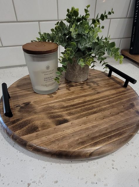 Round Wood Trays With Handles, Diy Lazy Susan Dollar Stores, Lazy Susans Ideas, Lazy Susan Ideas Table Top Decor, Diy Lazy Susan Turntable, Farmhouse Lazy Susan, Lazy Susan Designs, Lazy Susan Serving Tray, Cricut Wood