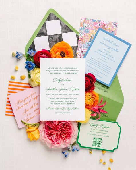 Working with @dcslattery on her wedding invitations was pure magic 💕 she wanted a traditional look while still being colorful and fun and I’d say that was definitely achieved! Cheers to the sweetest couple and some of my favorite invitations yet🥂 📸: @emilybroadbentphotography Planning & Design: @hillaryjevents @emily.hjevents Ceremony: @oldcathedral_basilicaofstlouis Reception & Hotel: @hiltonstlouisfrontenac Photo: @emilybroadbentphotography Floral Design: @thespecialeventorist Custom P... Confetti Wedding Invitations, Artistic Wedding Invites, Wedding Invites Traditional, Maximalist Wedding Invitations, Colorful Wedding Invites, Technicolor Wedding, Fun Save The Date Ideas, Fun Wedding Invites, Eclectic Wedding Invitations