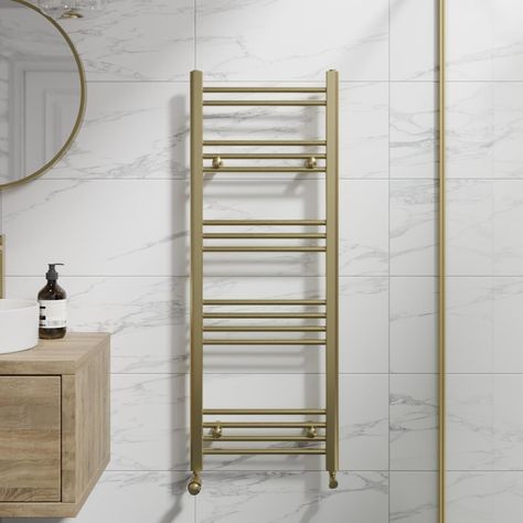 Brass Heated Towel Rail, Brushed Brass Bathroom, Brass Bathroom Accessories, Electric Towel Rail, Bathroom Ensuite, Loft Bathroom, Bathroom Radiators, Cottage Bathroom, Towel Radiator