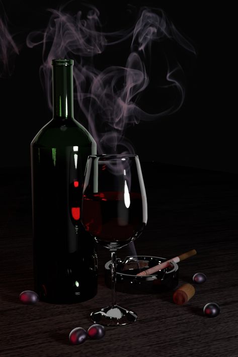 The work is done in Blender. A pleasant atmosphere that makes you think: - who drinks wine? why is he drinking alone? #wine #cigarette #smoke #grape #bottle #black #drink Wine And Ciggerate, Wine And Ciggerate Aesthetic, Joker Quotes, Captain Jack, Jack Sparrow, Wine Drinks, You Think, Grapes, Wine Bottle