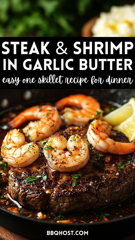 If you're craving a delicious steak and shrimp dinner, this Garlic Butter Steak and Shrimp recipe is your go-to! With juicy steak, tender shrimp, and a rich garlic herb butter, it’s the perfect dish for date night or a special meal. Save this pin for later and click through for a mouthwatering surf-and-turf dinner idea. Steak And Shrimp Dinner, Steak Toppings, Ways To Cook Steak, Steak Dinner Recipes, Homemade Garlic Butter, Delicious Steak, Steak Dishes, Cooking The Perfect Steak, Beef Steak Recipes