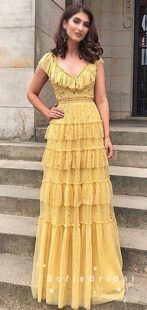 Prom Dresses With Ruffles, Yellow Formal Dress, Dresses With Ruffles, Plus Size Gowns Formal, Simple Prom Dress Long, 2021 Prom Dresses, Cheap Prom Dresses Long, Prom Dresses Yellow, V Neck Prom Dresses