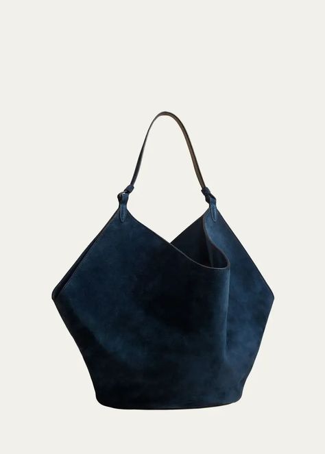 V5H98 Khaite Lotus Medium Suede Shoulder Bag Suede Tote, Large Shoulder Bags, Designer Shoulder Bags, Midnight Navy, Types Of Bag, Zip Pouch, The Pouch, Leather Pouch, Open Top