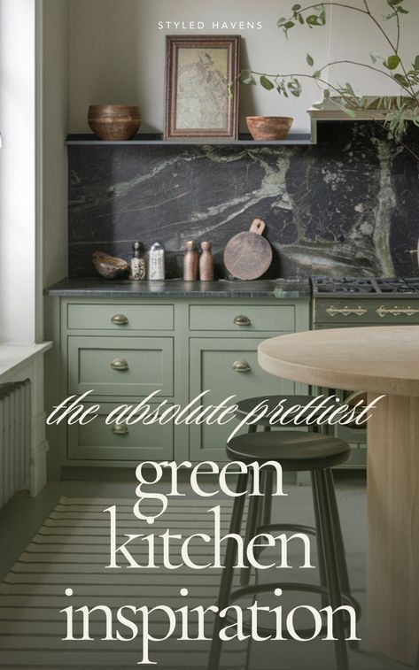 Looking for pretty, modern kitchen inspo for green kitchen cabinets? These kitchen ideas showcase stunning green kitchen inspiration with sage green kitchen and light green kitchen styles. From green and wood kitchen looks to green and white kitchen combinations, discover these beautiful, hand-picked green kitchen cabinets that transform your space. Perfect for a kitchen remodel, these green kitchen designs bring fresh style to your home! Sage Green And Pine Kitchen, Light Sage Kitchen Cabinets, Green And Natural Wood Kitchen, Green Stone Kitchen, Sage Green And Black Kitchen, Green Gray Kitchen Cabinets, Green Accent Kitchen, Sage Kitchen Ideas, Sage Green And Wood Kitchen