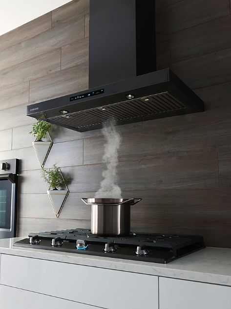 Bluetooth-enabled Chef Collection hoods automatically turn on the fan and adjust its speed based on the heat coming from the cooktop below. Modern Kitchen Hood, Kitchen Cooker, Hood Ideas, Kitchen Exhaust, Exhaust Hood, Kitchen Range Hood, Kitchen Hoods, Kitchen Range, Blue Led Lights