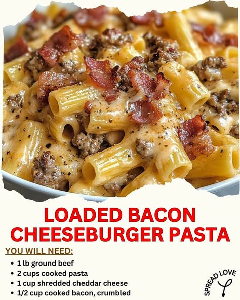 Bacon Cheeseburger Alfredo, Cheeseburger Dinner Ideas, Loaded Cheeseburger Pasta, Hamburger And Bacon Recipes Dinners, Cheese Burger Pasta Recipes, Recipes That Use Bacon, Loaded Bacon Cheeseburger Alfredo Pasta, Bacon Cheeseburger Crockpot, Loaded Bacon Cheeseburger Pasta