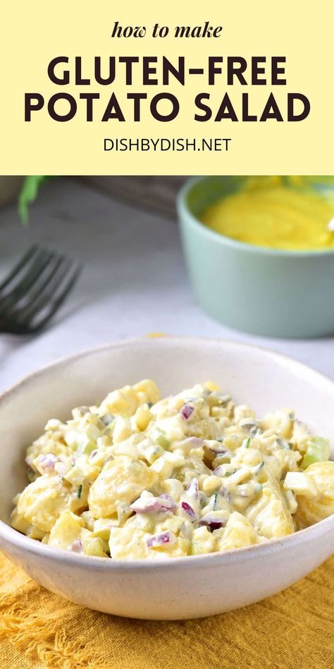 Creamy and flavorful, this gluten-free potato salad is the perfect side dish for summer potlucks, picnics and gatherings. Comes together super easily, this salad recipe can be easily doubled to feed a crowd. Totally dairy-free too. Cold Potato Salad, Gluten Free Potato Salad, Summer Potluck, Gluten Free Potatoes, Feed A Crowd, Summer Salad Recipes, Summer Salad, Feeding A Crowd, Perfect Side Dish